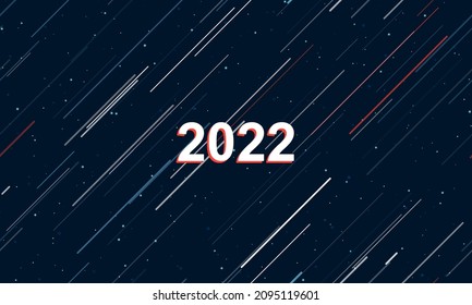 Large white 2022 year symbol framed in red in the center. The effect of flying through the stars. Vector illustration on a dark blue background with stars and slanted lines