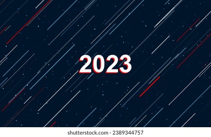 Large white 2023 year symbol framed in red in the center. The effect of flying through the stars. Vector illustration on a dark blue background with stars and slanted lines