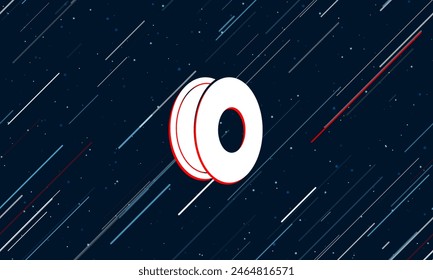 Large white 3D printing filament symbol framed in red in the center. The effect of flying through the stars. Vector illustration on a dark blue background with stars and slanted lines