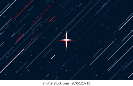 Large white abstract star symbol framed in red in the center. The effect of flying through the stars. Vector illustration on a dark blue background with stars and slanted lines