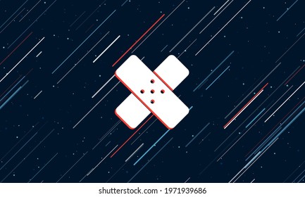 Large white adhesive plaster symbol framed in red in the center. The effect of flying through the stars. Vector illustration on a dark blue background with stars and slanted lines