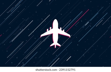 Large white airplane symbol framed in red in the center. The effect of flying through the stars. Vector illustration on a dark blue background with stars and slanted lines