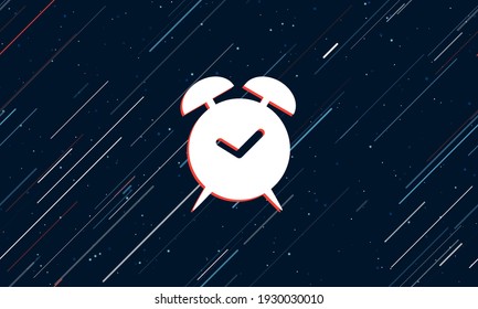 Large white alarm clock symbol framed in red in the center. The effect of flying through the stars. Seamless vector illustration on a dark blue background with stars and slanted lines