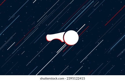 Gran símbolo de molino blanco enmarcado en rojo en el centro. El efecto de volar a través de las estrellas. Ilustración vectorial en un fondo azul oscuro con estrellas y líneas inclinadas