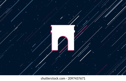 Large white arch symbol framed in red in the center. The effect of flying through the stars. Vector illustration on a dark blue background with stars and slanted lines