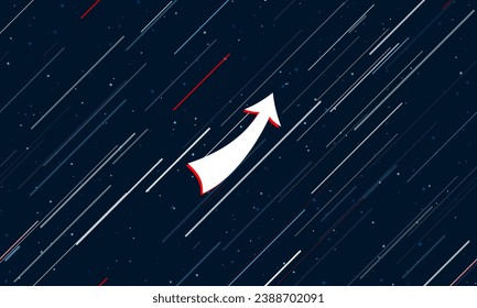 Large white up arrow framed in red in the center. The effect of flying through the stars. Vector illustration on a dark blue background with stars and slanted lines