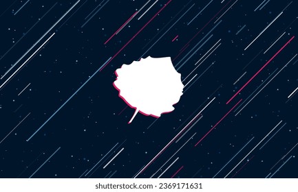 Large white aspen leaf framed in red in the center. The effect of flying through the stars. Vector illustration on a dark blue background with stars and slanted lines