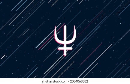 Large white astrological neptune symbol framed in red in the center. The effect of flying through the stars. Vector illustration on a dark blue background with stars and slanted lines