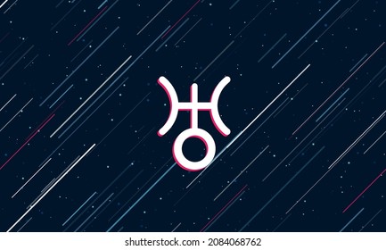 Large white astrological uranus symbol framed in red in the center. The effect of flying through the stars. Vector illustration on a dark blue background with stars and slanted lines