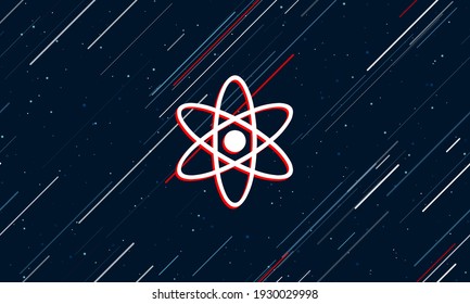 Large white atomic symbol framed in red in the center. The effect of flying through the stars. Seamless vector illustration on a dark blue background with stars and slanted lines
