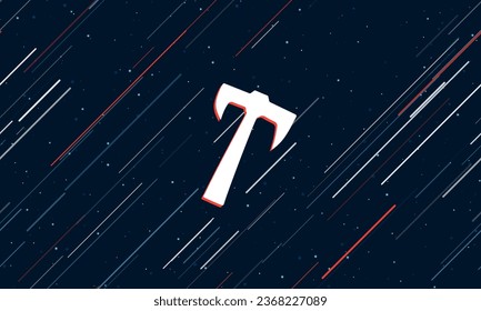 Gran símbolo de hacha blanca enmarcado en rojo en el centro. El efecto de volar a través de las estrellas. Ilustración vectorial en un fondo azul oscuro con estrellas y líneas inclinadas