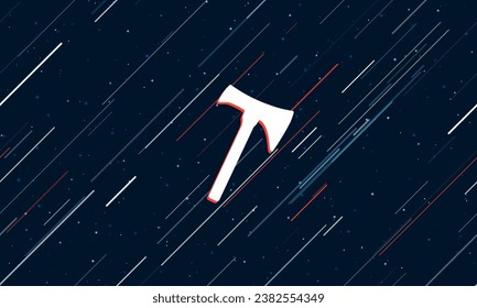 Gran símbolo de hacha blanca enmarcado en rojo en el centro. El efecto de volar a través de las estrellas. Ilustración vectorial en un fondo azul oscuro con estrellas y líneas inclinadas