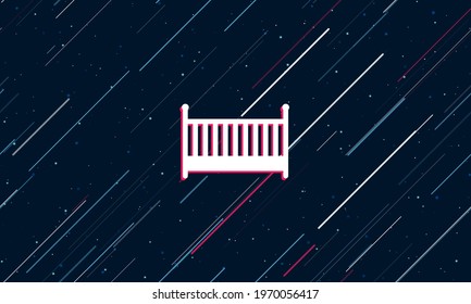 Large white baby cot symbol framed in red in the center. The effect of flying through the stars. Vector illustration on a dark blue background with stars and slanted lines