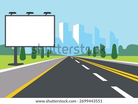 Large white banners on the side of the road. Billboards on the highway. Buildings in the city. Empty streets.