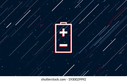 Gran símbolo blanco de la batería enmarcado en rojo en el centro. El efecto de volar a través de las estrellas. Ilustración vectorial sin igual en un fondo azul oscuro con estrellas y líneas inclinadas