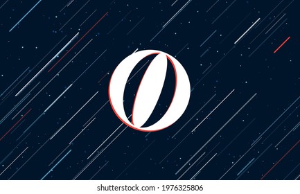 Large white beach ball symbol framed in red in the center. The effect of flying through the stars. Vector illustration on a dark blue background with stars and slanted lines
