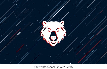 Large white bear head symbol framed in red in the center. The effect of flying through the stars. Vector illustration on a dark blue background with stars and slanted lines