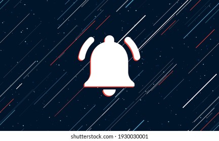 Gran símbolo de campana blanca enmarcado en rojo en el centro. El efecto de volar a través de las estrellas. Ilustración vectorial sin igual en un fondo azul oscuro con estrellas y líneas inclinadas