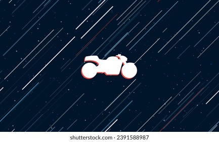 Large white bike symbol framed in red in the center. The effect of flying through the stars. Vector illustration on a dark blue background with stars and slanted lines