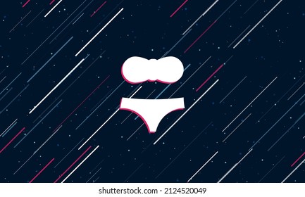 Gran símbolo blanco de bikini enmarcado en rojo en el centro. El efecto de volar a través de las estrellas. Ilustración vectorial en un fondo azul oscuro con estrellas y líneas inclinadas