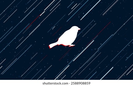 Large white bird sparrow symbol framed in red in the center. The effect of flying through the stars. Vector illustration on a dark blue background with stars and slanted lines
