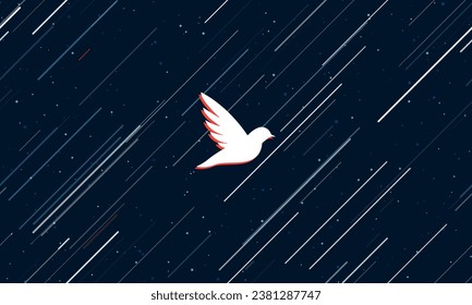 Large white bird symbol framed in red in the center. The effect of flying through the stars. Vector illustration on a dark blue background with stars and slanted lines