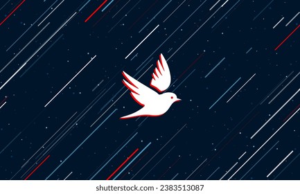 Large white bird symbol framed in red in the center. The effect of flying through the stars. Vector illustration on a dark blue background with stars and slanted lines