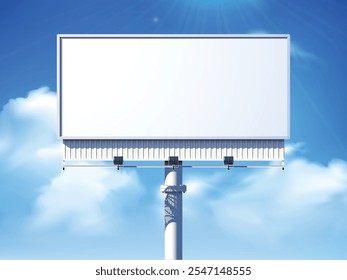 Grande maqueta de cartelera en blanco blanco. Afiche blanco de la promoción mostrado en el exterior contra el fondo azul del cielo. Grande maqueta de cartelera en blanco blanco – Cartel de publicidad al aire libre en Blue Sky