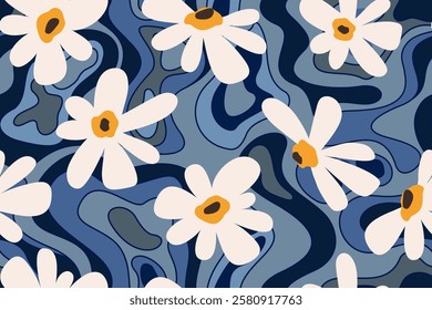 Large white blooming flowers. Wavy trendy blue gray pattern texture with liquid stains. Creative background. Decorative design of wavy optical illusion stripes and floral background.