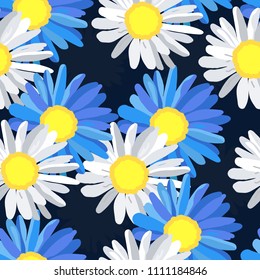Large white and blue daisies on a dark background. Pattern seamless vector in rustic Russian style, for textiles, fabric, background, Wallpaper, wrapping paper, postcards, greetings.