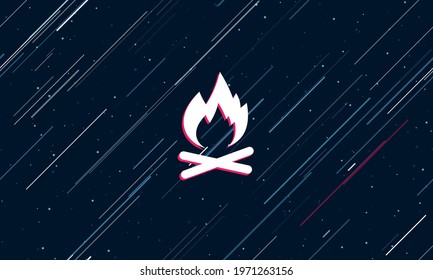 Large white bonfire symbol framed in red in the center. The effect of flying through the stars. Vector illustration on a dark blue background with stars and slanted lines