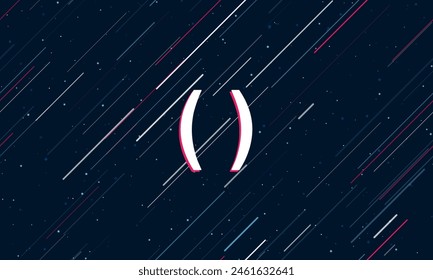 Large white brackets symbol framed in red in the center. The effect of flying through the stars. Vector illustration on a dark blue background with stars and slanted lines