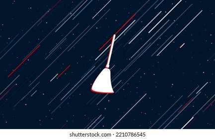 Large white broom symbol framed in red in the center. The effect of flying through the stars. Vector illustration on a dark blue background with stars and slanted lines