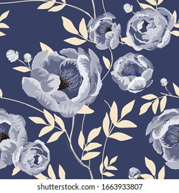 Grandes capuchas blancas y peonías flores rodeadas de hojas color beige crema sobre un fondo azul índigo. Patrón floral sin fisuras. Ilustración vectorial con plantas.