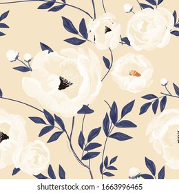 Large white buds and peonies flowers surrounded by black leaves on a cream beige background. Floral seamless pattern. Vector illustration with plants.