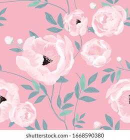 Large white buds and peonies flowers surrounded by green leaves on a pink background. Floral seamless pattern. Vector illustration with plants.