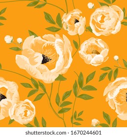 Large white buds and peonies flowers surrounded by green leaves on a goldenrod tangerine background. Floral seamless pattern. Vector illustration with plants.
