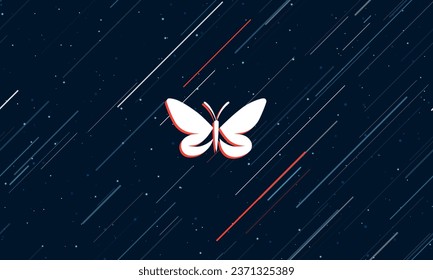 Large white butterfly symbol framed in red in the center. The effect of flying through the stars. Vector illustration on a dark blue background with stars and slanted lines