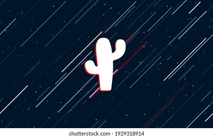 Large white cactus symbol framed in red in the center. The effect of flying through the stars. Seamless vector illustration on a dark blue background with stars and slanted lines