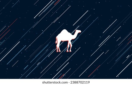 Large white camel symbol framed in red in the center. The effect of flying through the stars. Vector illustration on a dark blue background with stars and slanted lines