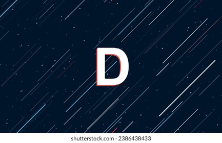 Grosses weißes Großbuchstabe D Symbol eingerahmt in der Mitte rot. Der Effekt des Fliegens durch die Sterne. Vektorgrafik auf dunkelblauem Hintergrund mit Sternen und langanhaltenden Linien