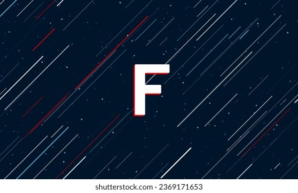 Large white capital letter F symbol framed in red in the center. The effect of flying through the stars. Vector illustration on a dark blue background with stars and slanted lines