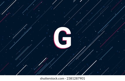 Large white capital letter G symbol framed in red in the center. The effect of flying through the stars. Vector illustration on a dark blue background with stars and slanted lines