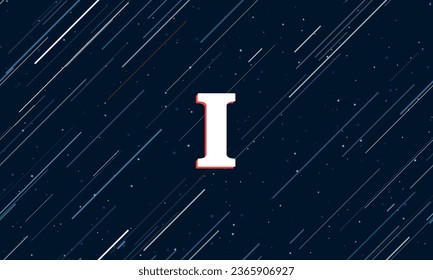 Large white capital letter I symbol framed in red in the center. The effect of flying through the stars. Vector illustration on a dark blue background with stars and slanted lines