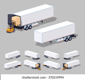 Large white cargo trailer. Loading or unloading.. 3D lowpoly isometric vector illustration. The set of objects isolated against the grey background and shown from different sides