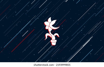 Large white carnivorous plant symbol framed in red in the center. The effect of flying through the stars. Vector illustration on a dark blue background with stars and slanted lines