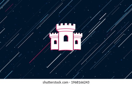 Large white castle symbol framed in red in the center. The effect of flying through the stars. Vector illustration on a dark blue background with stars and slanted lines