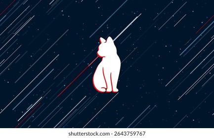 Large white cat symbol framed in red in the center. The effect of flying through the stars. Vector illustration on a dark blue background with stars and slanted lines