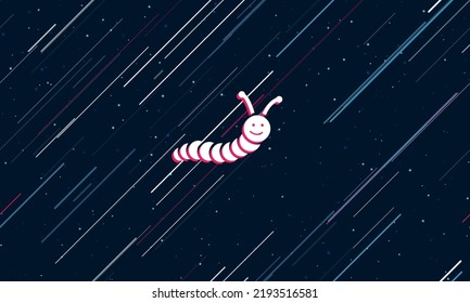 Large white caterpillar symbol framed in red in the center. The effect of flying through the stars. Vector illustration on a dark blue background with stars and slanted lines