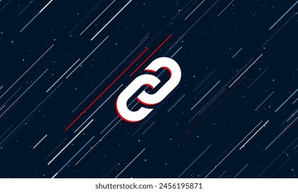 Grande cadena blanca enmarcada en rojo en el centro. El efecto de volar por las estrellas. Ilustración vectorial sobre fondo azul oscuro con estrellas y líneas inclinadas